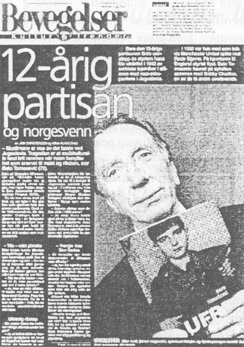 12-godishnji partizan na norveshkom: Faksimil stranice jedne od niza norveshkih novina koje su Tomashevic'evoj knjizi dale veliki publicitet.