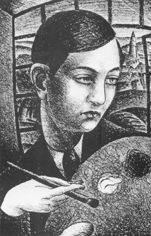 Rizah Shtetic': Autoportret  s paletom, litografija, 1932. [Natrag]