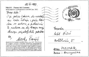 Mnogo prijateljskih pozdrava S.Cisicu od M.Sunjica iz Firenze (18.04.1997.)