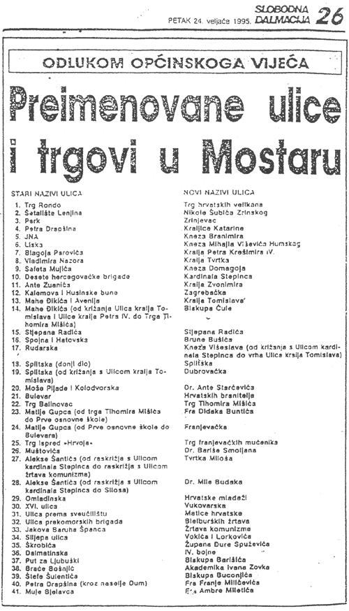 Preimenovane ulice i trgovi u Mostaru
