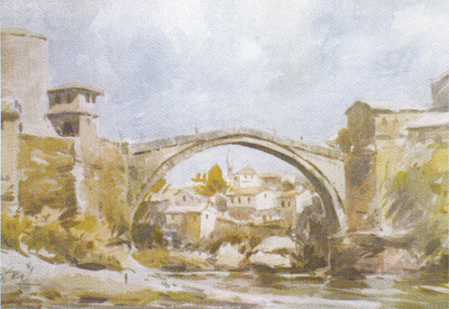 Златко Девић: Мостарски мост, акварел, 2004. [Натраг]